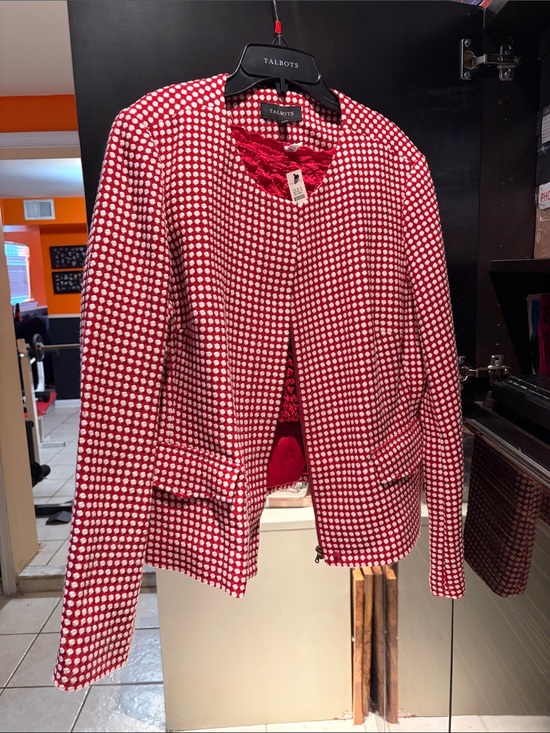 Talbots Jackets & Blazers - Talbots 2pc Red White Textured Polka Dot Tweed Blazer Zip Jacket Wool Blend